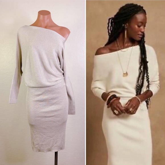 Banana Republic Dresses & Skirts - Banana Republic Colleta Ribbed Boat Neck Off-Shoulder Sweater Dress Ivory Sz XS
